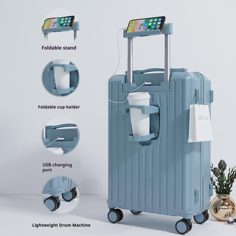 Carry-on Luggage with Cup Holder & USB Charging Port, Hard Side Luggage with Spinner Wheels, Lightweight Luggage for Travel, Business (White, Carry-On 20-Inch)