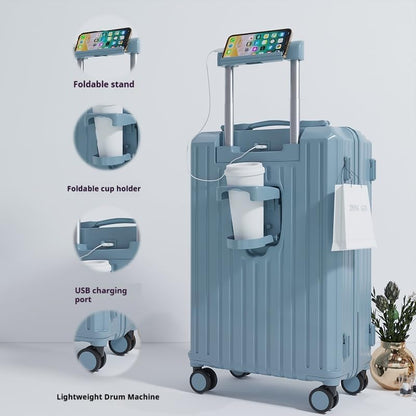 Carry-on Luggage with Cup Holder & USB Charging Port, Hard Side Luggage with Spinner Wheels, Lightweight Luggage for Travel, Business (White, Carry-On 20-Inch)