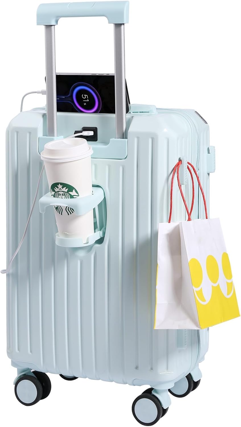 Carry-on Luggage with Cup Holder & USB Charging Port, Hard Side Luggage with Spinner Wheels, Lightweight Luggage for Travel, Business (White, Carry-On 20-Inch)