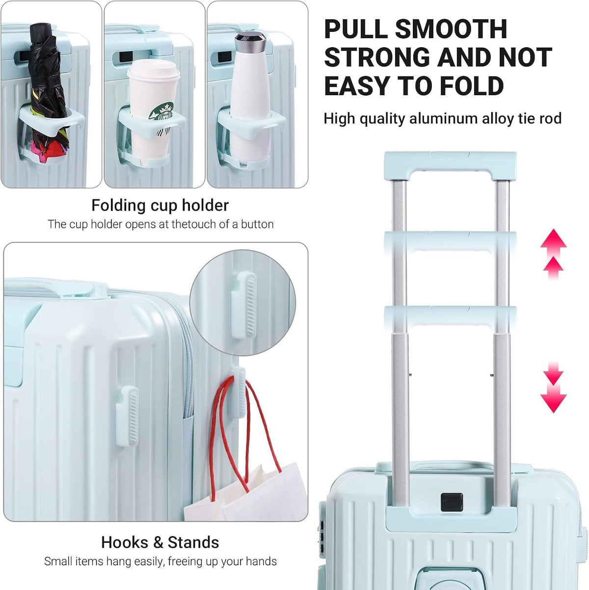 Carry-on Luggage with Cup Holder & USB Charging Port, Hard Side Luggage with Spinner Wheels, Lightweight Luggage for Travel, Business (White, Carry-On 20-Inch)
