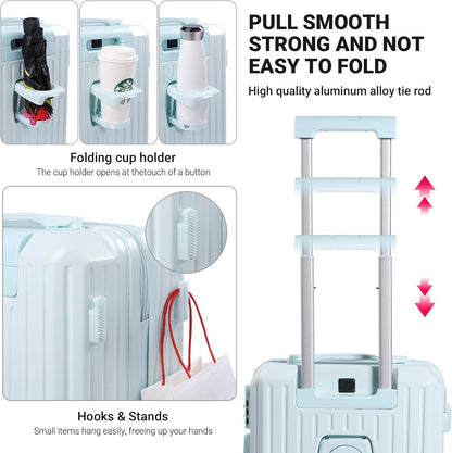 Carry-on Luggage with Cup Holder & USB Charging Port, Hard Side Luggage with Spinner Wheels, Lightweight Luggage for Travel, Business (White, Carry-On 20-Inch)