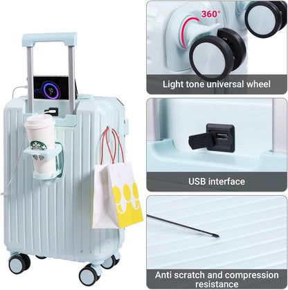 Carry-on Luggage with Cup Holder & USB Charging Port, Hard Side Luggage with Spinner Wheels, Lightweight Luggage for Travel, Business (White, Carry-On 20-Inch)