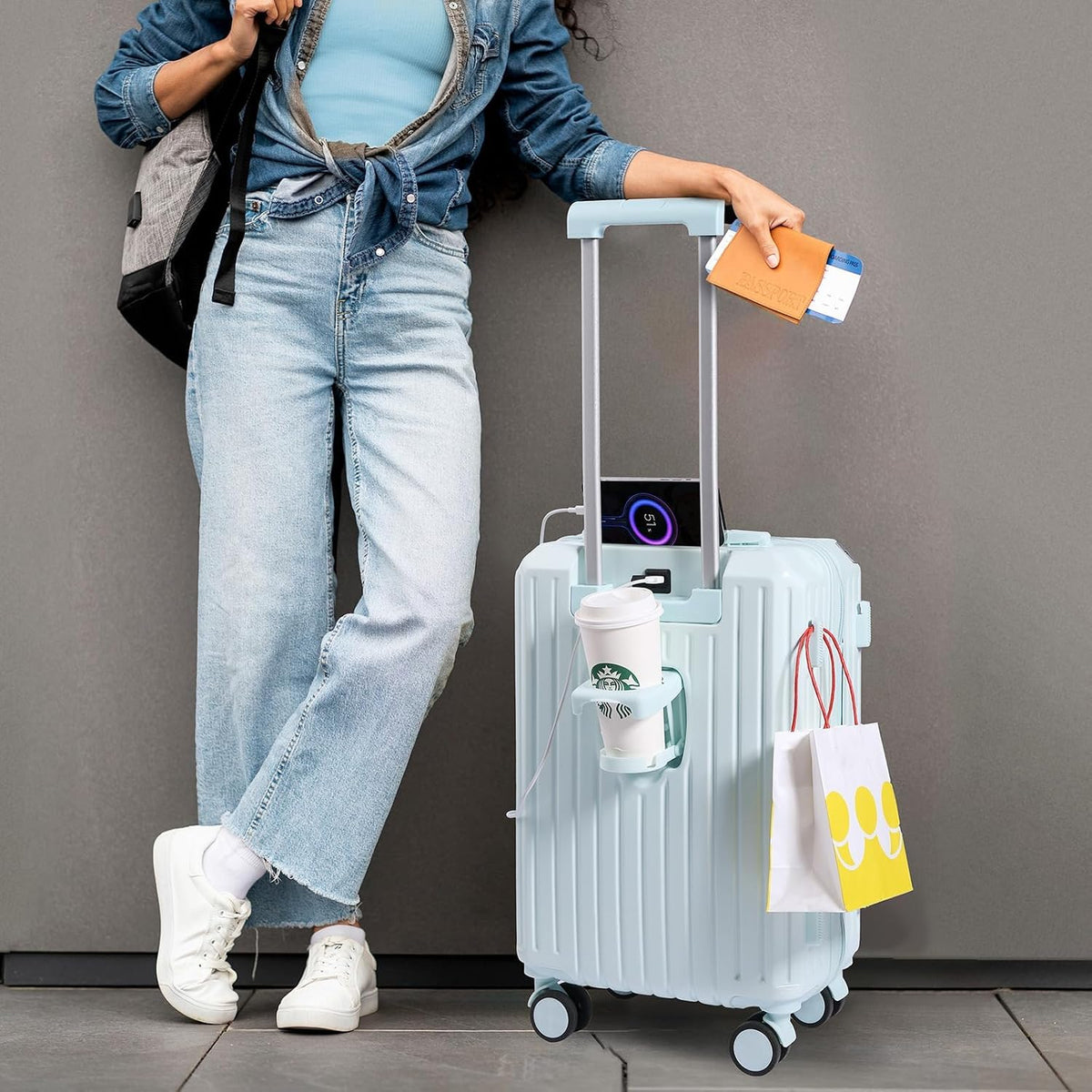 Carry-on Luggage with Cup Holder & USB Charging Port, Hard Side Luggage with Spinner Wheels, Lightweight Luggage for Travel, Business (White, Carry-On 20-Inch)