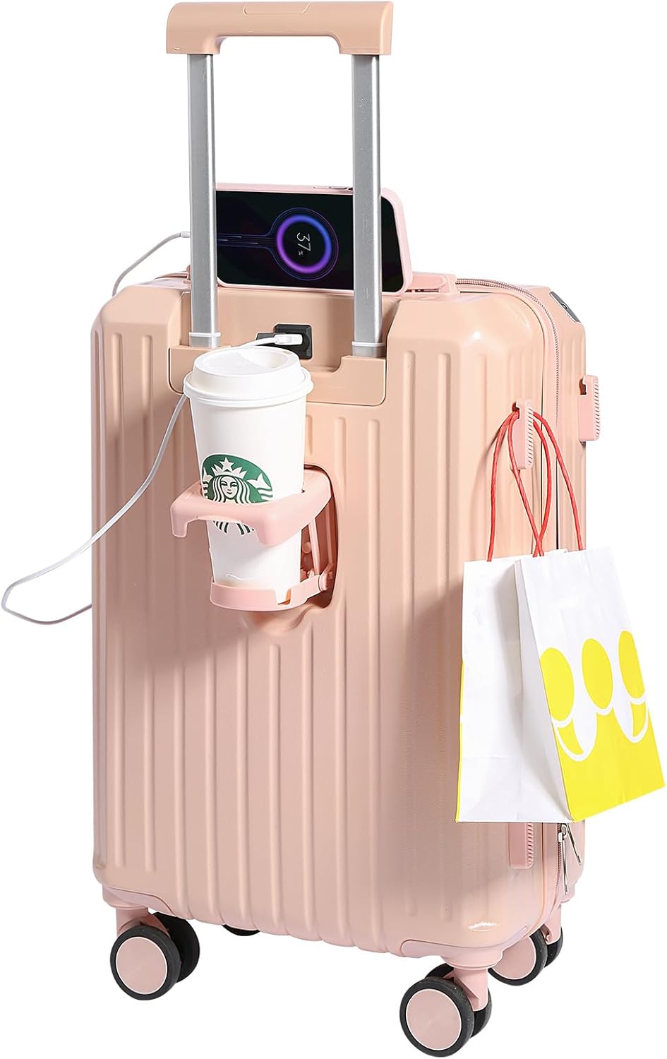 Carry-on Luggage with Cup Holder & USB Charging Port, Hard Side Luggage with Spinner Wheels, Lightweight Luggage for Travel, Business (White, Carry-On 20-Inch)