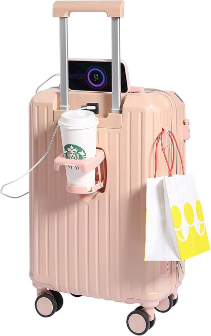 Carry-on Luggage with Cup Holder & USB Charging Port, Hard Side Luggage with Spinner Wheels, Lightweight Luggage for Travel, Business (White, Carry-On 20-Inch)