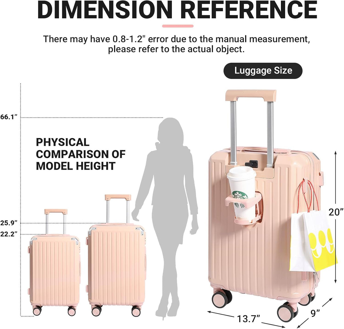 Carry-on Luggage with Cup Holder & USB Charging Port, Hard Side Luggage with Spinner Wheels, Lightweight Luggage for Travel, Business (White, Carry-On 20-Inch)