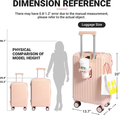Carry-on Luggage with Cup Holder & USB Charging Port, Hard Side Luggage with Spinner Wheels, Lightweight Luggage for Travel, Business (White, Carry-On 20-Inch)