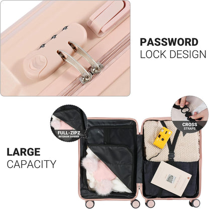 Carry-on Luggage with Cup Holder & USB Charging Port, Hard Side Luggage with Spinner Wheels, Lightweight Luggage for Travel, Business (White, Carry-On 20-Inch)