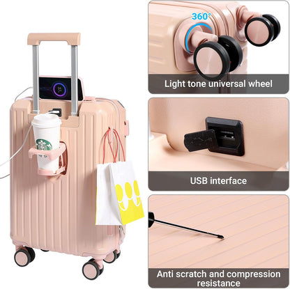 Carry-on Luggage with Cup Holder & USB Charging Port, Hard Side Luggage with Spinner Wheels, Lightweight Luggage for Travel, Business (White, Carry-On 20-Inch)