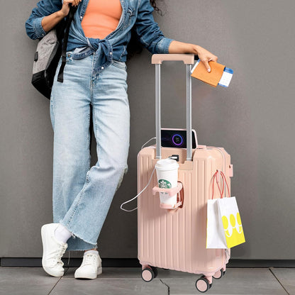 Carry-on Luggage with Cup Holder & USB Charging Port, Hard Side Luggage with Spinner Wheels, Lightweight Luggage for Travel, Business (White, Carry-On 20-Inch)