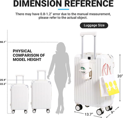 Carry-on Luggage with Cup Holder & USB Charging Port, Hard Side Luggage with Spinner Wheels, Lightweight Luggage for Travel, Business (White, Carry-On 20-Inch)