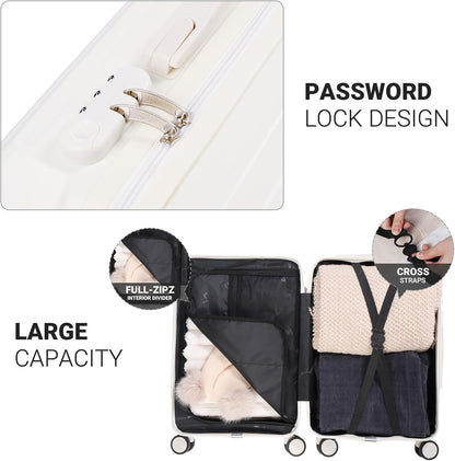 Carry-on Luggage with Cup Holder & USB Charging Port, Hard Side Luggage with Spinner Wheels, Lightweight Luggage for Travel, Business (White, Carry-On 20-Inch)
