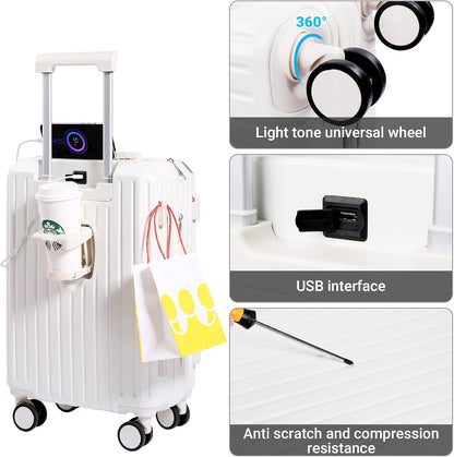 Carry-on Luggage with Cup Holder & USB Charging Port, Hard Side Luggage with Spinner Wheels, Lightweight Luggage for Travel, Business (White, Carry-On 20-Inch)