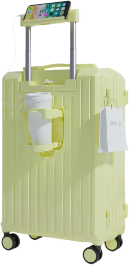 Carry-on Luggage with Cup Holder & USB Charging Port, Hard Side Luggage with Spinner Wheels, Lightweight Luggage for Travel, Business (White, Carry-On 20-Inch)