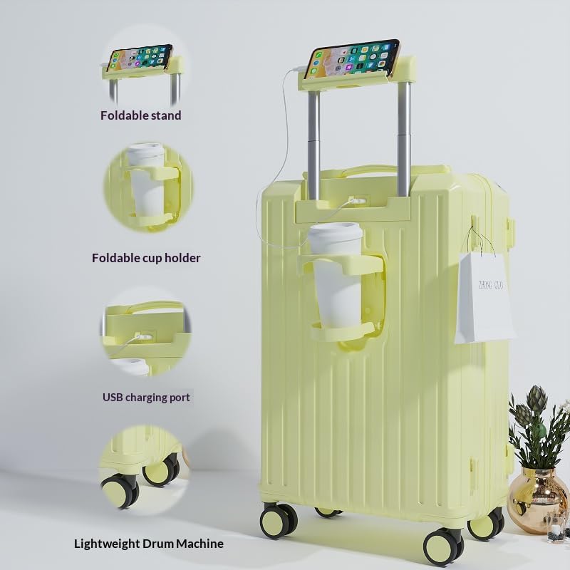 Carry-on Luggage with Cup Holder & USB Charging Port, Hard Side Luggage with Spinner Wheels, Lightweight Luggage for Travel, Business (White, Carry-On 20-Inch)