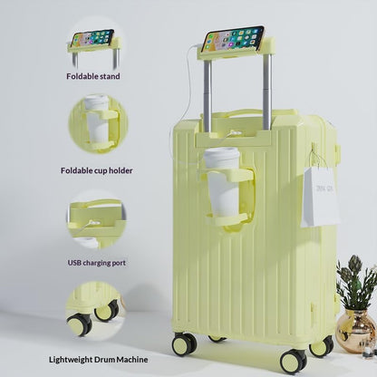 Carry-on Luggage with Cup Holder & USB Charging Port, Hard Side Luggage with Spinner Wheels, Lightweight Luggage for Travel, Business (White, Carry-On 20-Inch)