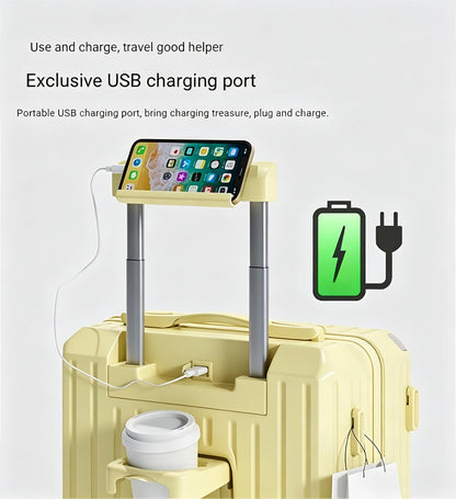 Carry-on Luggage with Cup Holder & USB Charging Port, Hard Side Luggage with Spinner Wheels, Lightweight Luggage for Travel, Business (White, Carry-On 20-Inch)