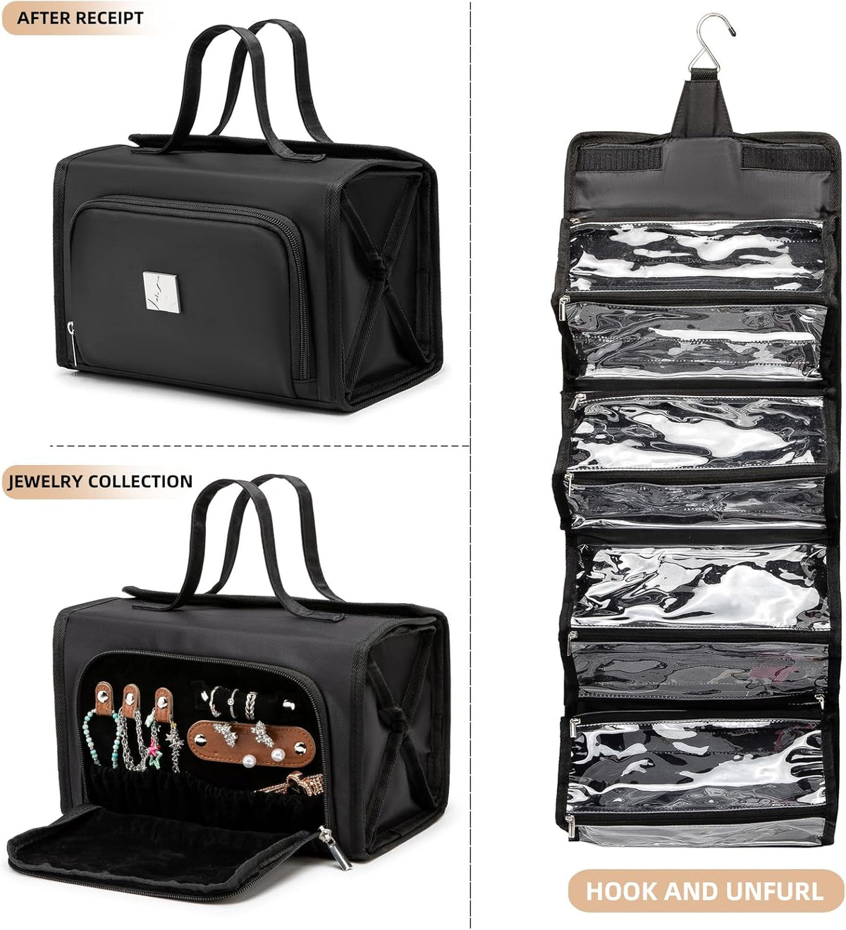 Roll Up Makeup Bag, Travel Toiletry Bag for Women with 4 Clear TSA Approved Pouches, Hanging Travel Organizer, Folding Cosmetic Bag for Men and Women (khaki)