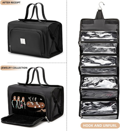 Roll Up Makeup Bag, Travel Toiletry Bag for Women with 4 Clear TSA Approved Pouches, Hanging Travel Organizer, Folding Cosmetic Bag for Men and Women (khaki)