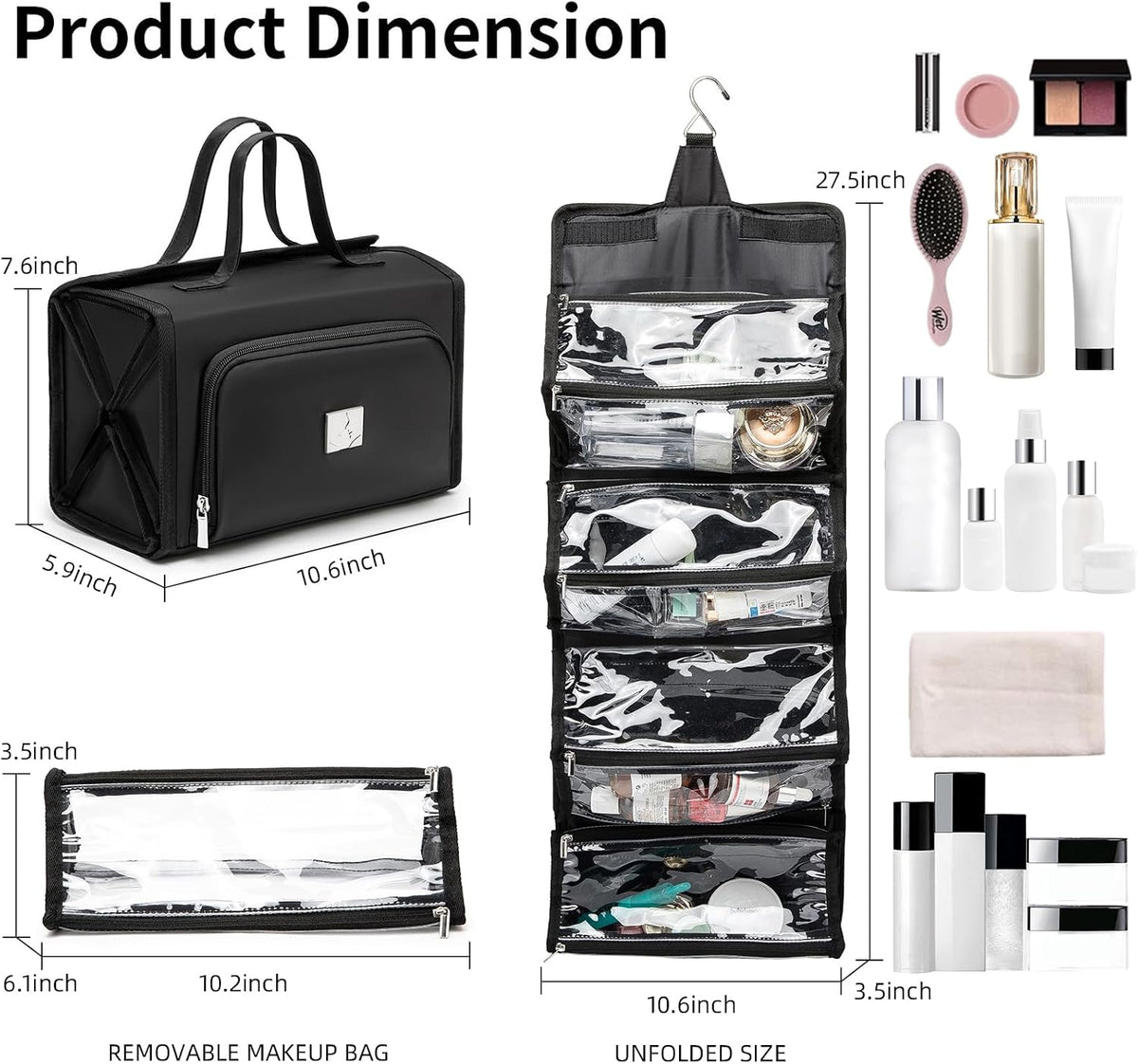 Roll Up Makeup Bag, Travel Toiletry Bag for Women with 4 Clear TSA Approved Pouches, Hanging Travel Organizer, Folding Cosmetic Bag for Men and Women (khaki)