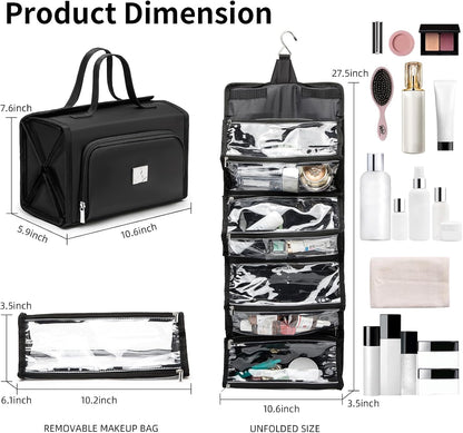 Roll Up Makeup Bag, Travel Toiletry Bag for Women with 4 Clear TSA Approved Pouches, Hanging Travel Organizer, Folding Cosmetic Bag for Men and Women (khaki)