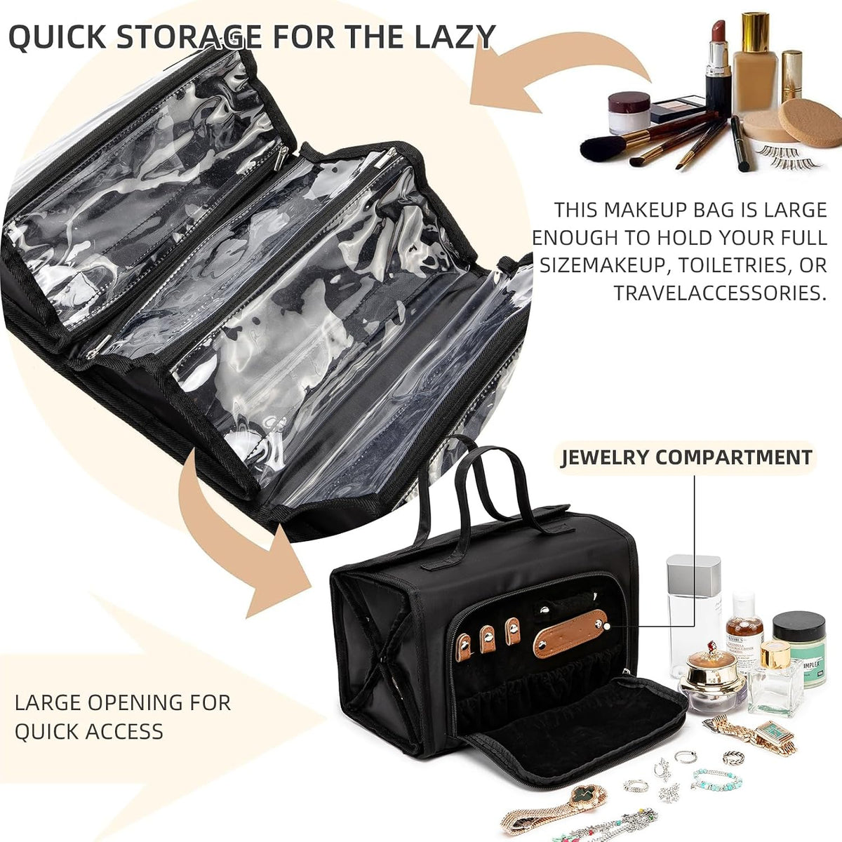 Roll Up Makeup Bag, Travel Toiletry Bag for Women with 4 Clear TSA Approved Pouches, Hanging Travel Organizer, Folding Cosmetic Bag for Men and Women (khaki)