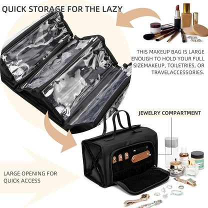 Roll Up Makeup Bag, Travel Toiletry Bag for Women with 4 Clear TSA Approved Pouches, Hanging Travel Organizer, Folding Cosmetic Bag for Men and Women (khaki)