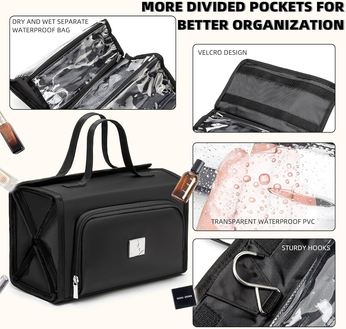 Roll Up Makeup Bag, Travel Toiletry Bag for Women with 4 Clear TSA Approved Pouches, Hanging Travel Organizer, Folding Cosmetic Bag for Men and Women (khaki)