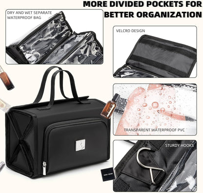 Roll Up Makeup Bag, Travel Toiletry Bag for Women with 4 Clear TSA Approved Pouches, Hanging Travel Organizer, Folding Cosmetic Bag for Men and Women (khaki)