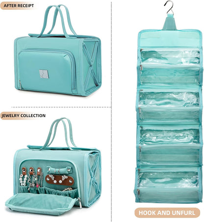 Roll Up Makeup Bag, Travel Toiletry Bag for Women with 4 Clear TSA Approved Pouches, Hanging Travel Organizer, Folding Cosmetic Bag for Men and Women (khaki)