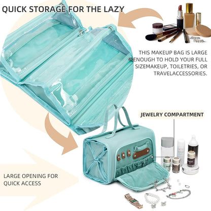 Roll Up Makeup Bag, Travel Toiletry Bag for Women with 4 Clear TSA Approved Pouches, Hanging Travel Organizer, Folding Cosmetic Bag for Men and Women (khaki)