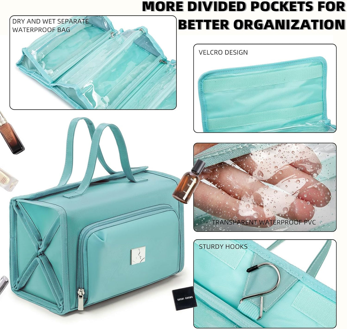 Roll Up Makeup Bag, Travel Toiletry Bag for Women with 4 Clear TSA Approved Pouches, Hanging Travel Organizer, Folding Cosmetic Bag for Men and Women (khaki)