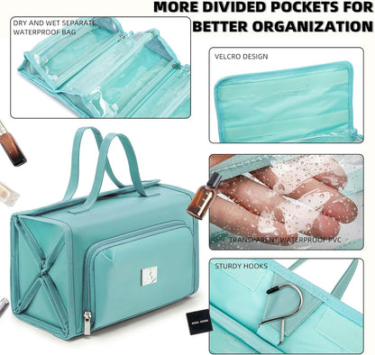 Roll Up Makeup Bag, Travel Toiletry Bag for Women with 4 Clear TSA Approved Pouches, Hanging Travel Organizer, Folding Cosmetic Bag for Men and Women (khaki)