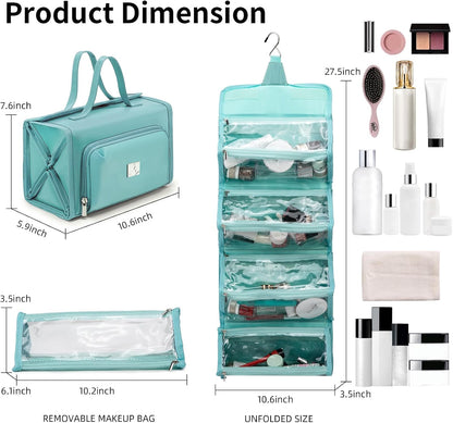 Roll Up Makeup Bag, Travel Toiletry Bag for Women with 4 Clear TSA Approved Pouches, Hanging Travel Organizer, Folding Cosmetic Bag for Men and Women (khaki)