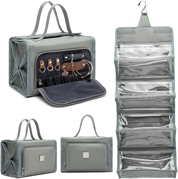 Roll Up Makeup Bag, Travel Toiletry Bag for Women with 4 Clear TSA Approved Pouches, Hanging Travel Organizer, Folding Cosmetic Bag for Men and Women (khaki)