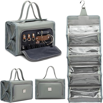 Roll Up Makeup Bag, Travel Toiletry Bag for Women with 4 Clear TSA Approved Pouches, Hanging Travel Organizer, Folding Cosmetic Bag for Men and Women (khaki)
