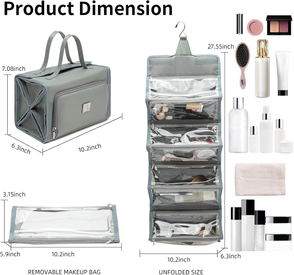 Roll Up Makeup Bag, Travel Toiletry Bag for Women with 4 Clear TSA Approved Pouches, Hanging Travel Organizer, Folding Cosmetic Bag for Men and Women (khaki)