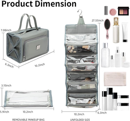 Roll Up Makeup Bag, Travel Toiletry Bag for Women with 4 Clear TSA Approved Pouches, Hanging Travel Organizer, Folding Cosmetic Bag for Men and Women (khaki)