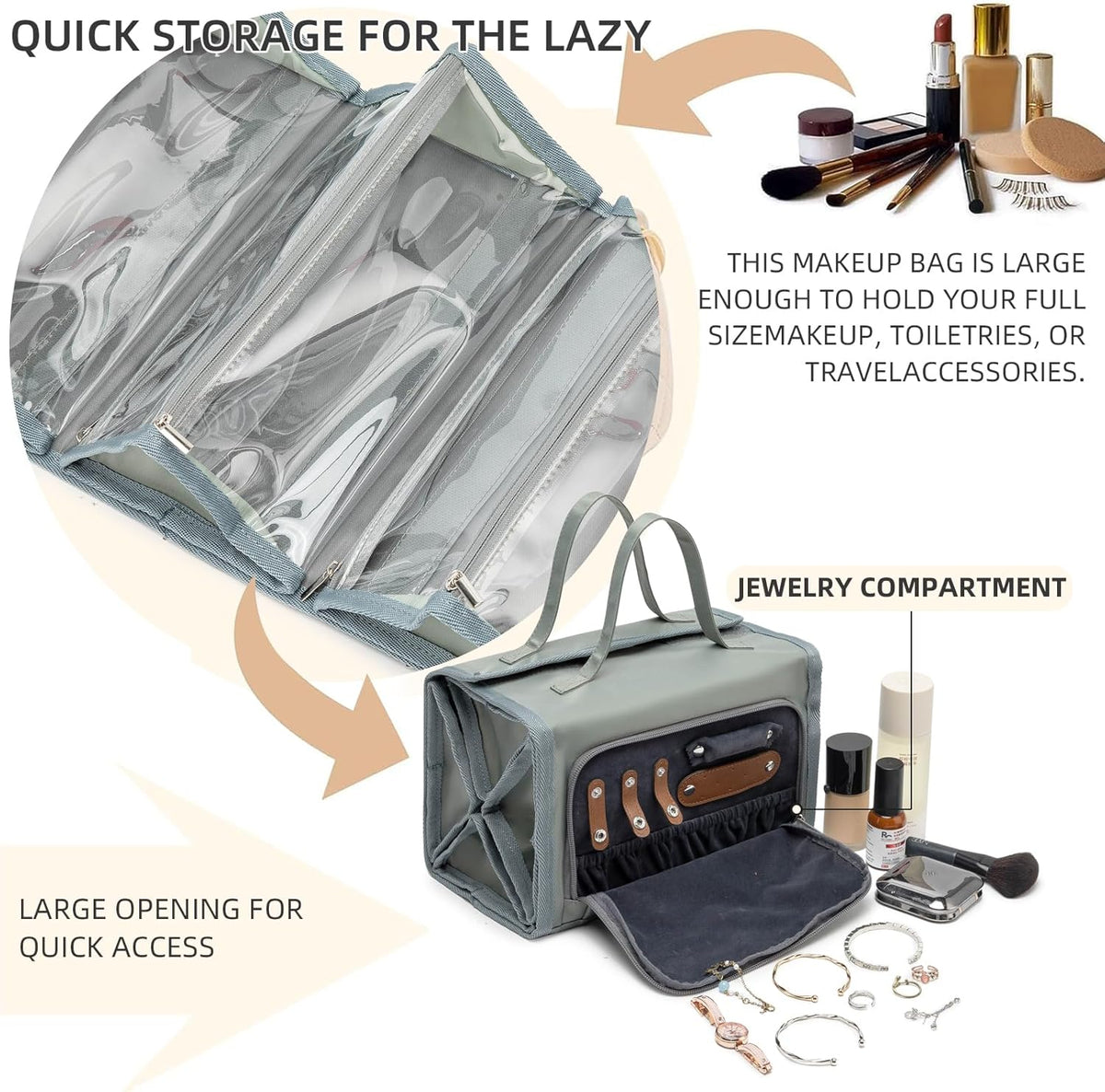 Roll Up Makeup Bag, Travel Toiletry Bag for Women with 4 Clear TSA Approved Pouches, Hanging Travel Organizer, Folding Cosmetic Bag for Men and Women (khaki)