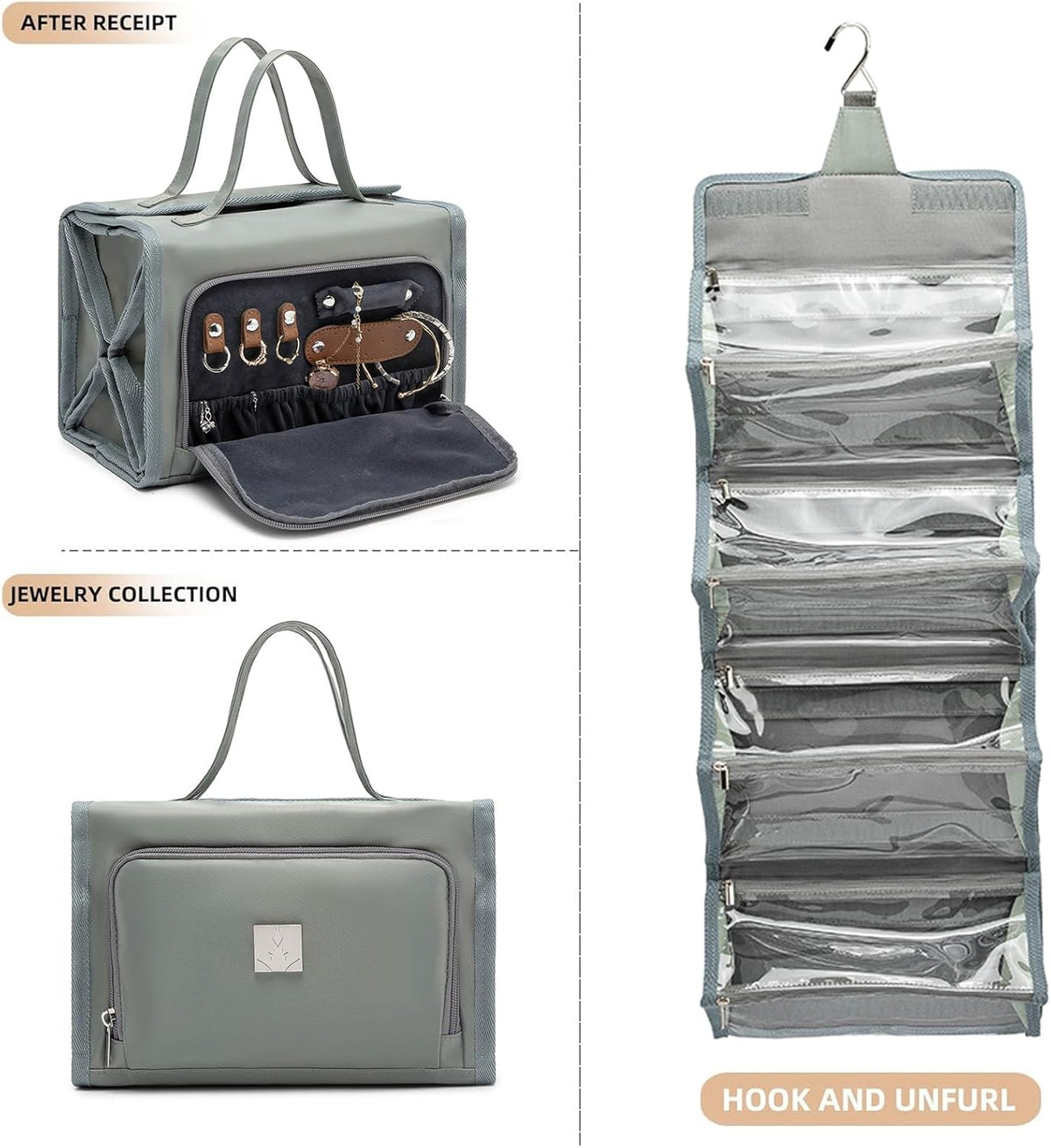 Roll Up Makeup Bag, Travel Toiletry Bag for Women with 4 Clear TSA Approved Pouches, Hanging Travel Organizer, Folding Cosmetic Bag for Men and Women (khaki)
