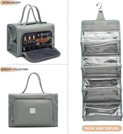 Roll Up Makeup Bag, Travel Toiletry Bag for Women with 4 Clear TSA Approved Pouches, Hanging Travel Organizer, Folding Cosmetic Bag for Men and Women (khaki)