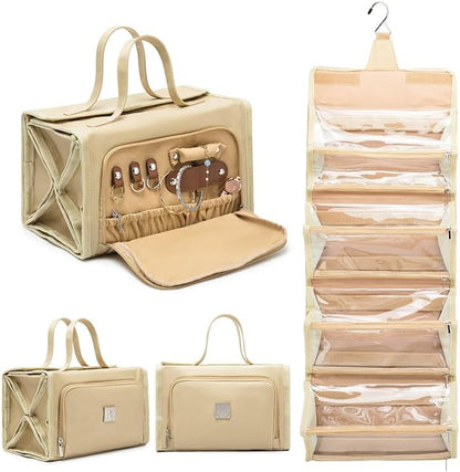 Roll Up Makeup Bag, Travel Toiletry Bag for Women with 4 Clear TSA Approved Pouches, Hanging Travel Organizer, Folding Cosmetic Bag for Men and Women (khaki)