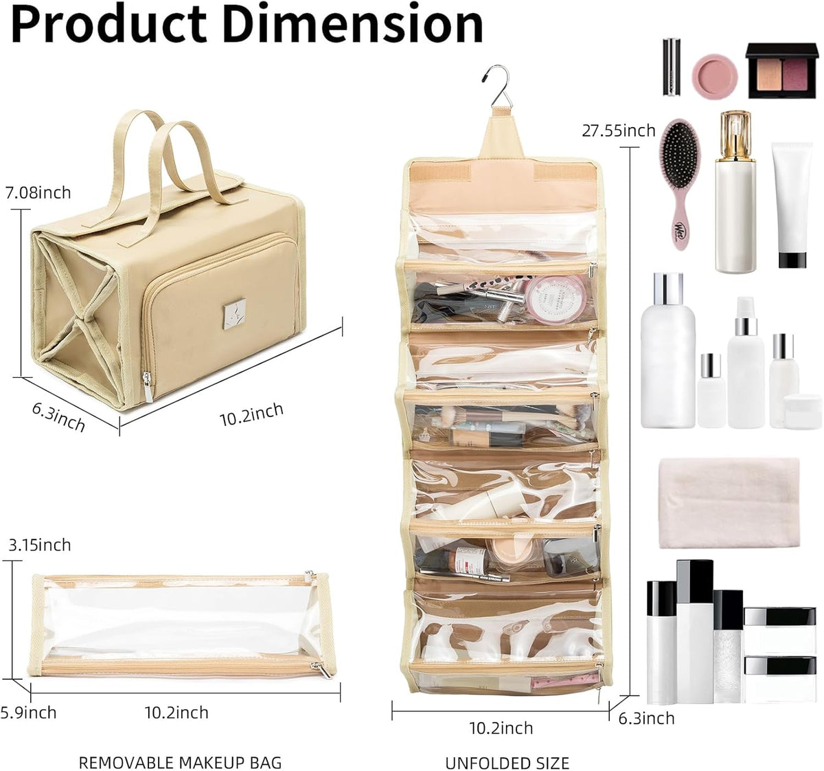 Roll Up Makeup Bag, Travel Toiletry Bag for Women with 4 Clear TSA Approved Pouches, Hanging Travel Organizer, Folding Cosmetic Bag for Men and Women (khaki)