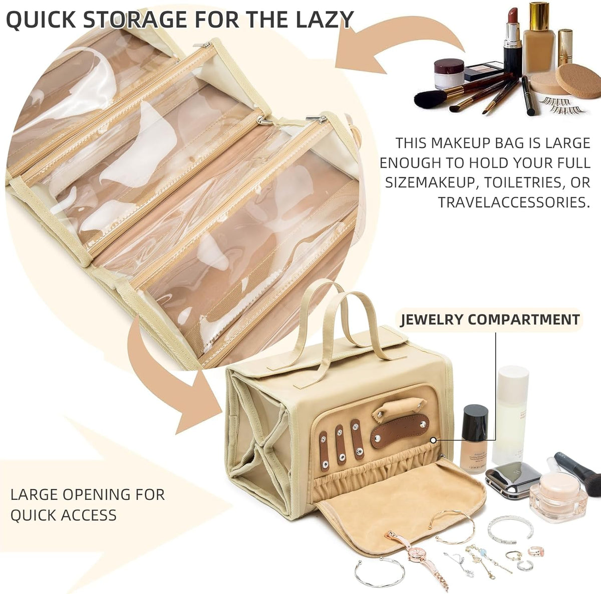 Roll Up Makeup Bag, Travel Toiletry Bag for Women with 4 Clear TSA Approved Pouches, Hanging Travel Organizer, Folding Cosmetic Bag for Men and Women (khaki)