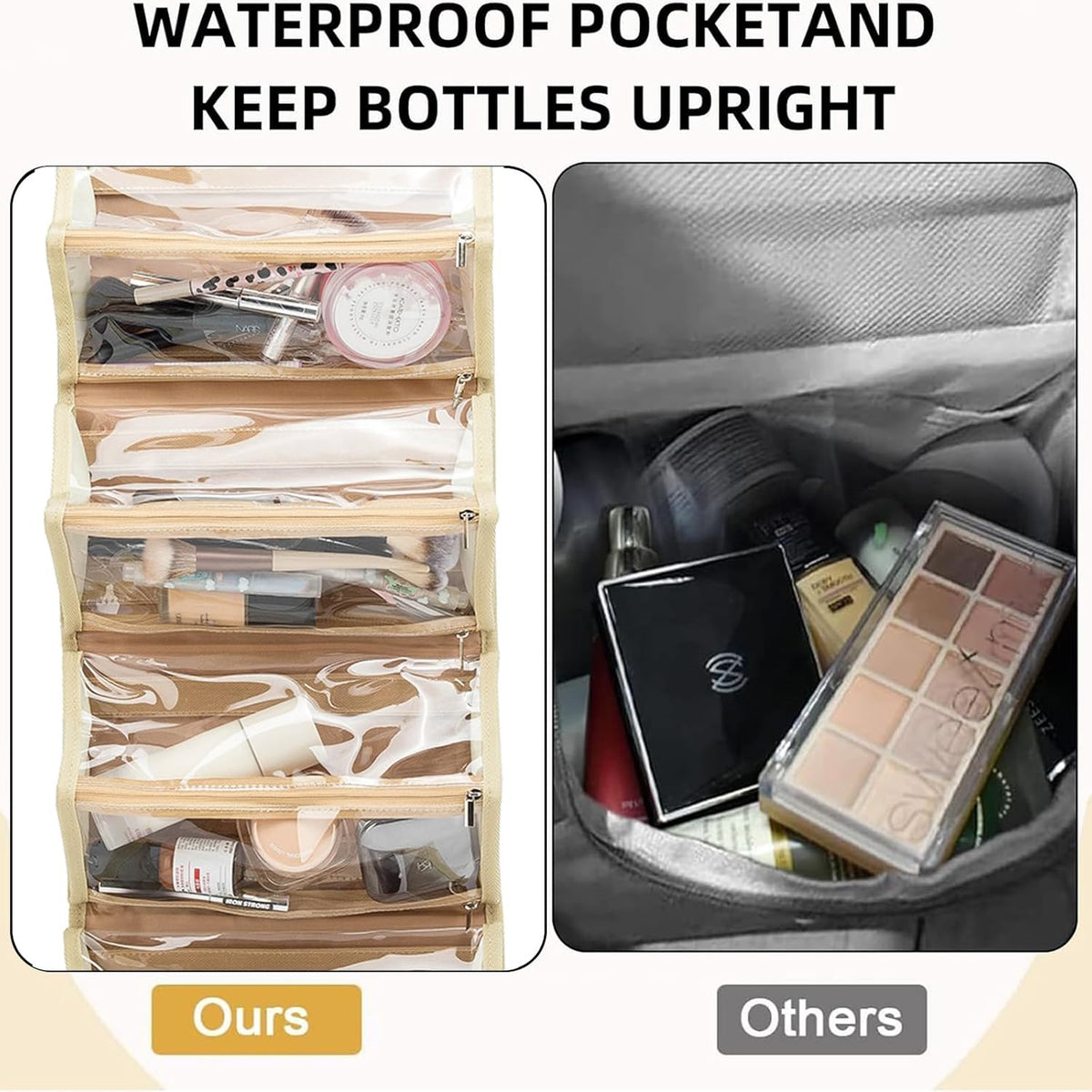 Roll Up Makeup Bag, Travel Toiletry Bag for Women with 4 Clear TSA Approved Pouches, Hanging Travel Organizer, Folding Cosmetic Bag for Men and Women (khaki)