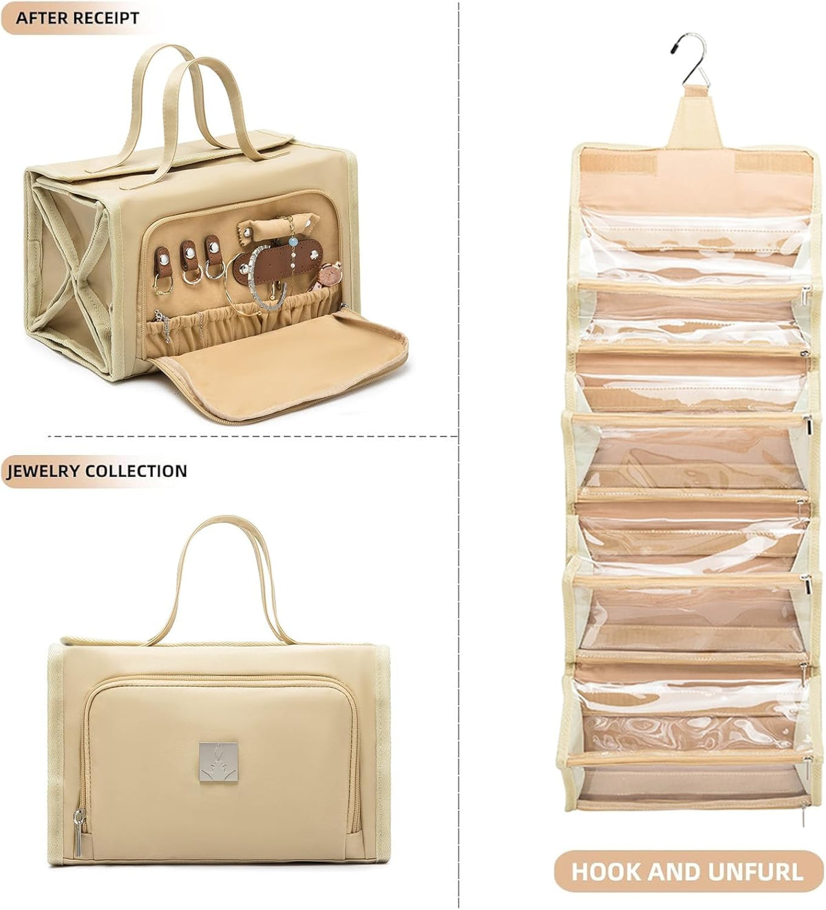 Roll Up Makeup Bag, Travel Toiletry Bag for Women with 4 Clear TSA Approved Pouches, Hanging Travel Organizer, Folding Cosmetic Bag for Men and Women (khaki)