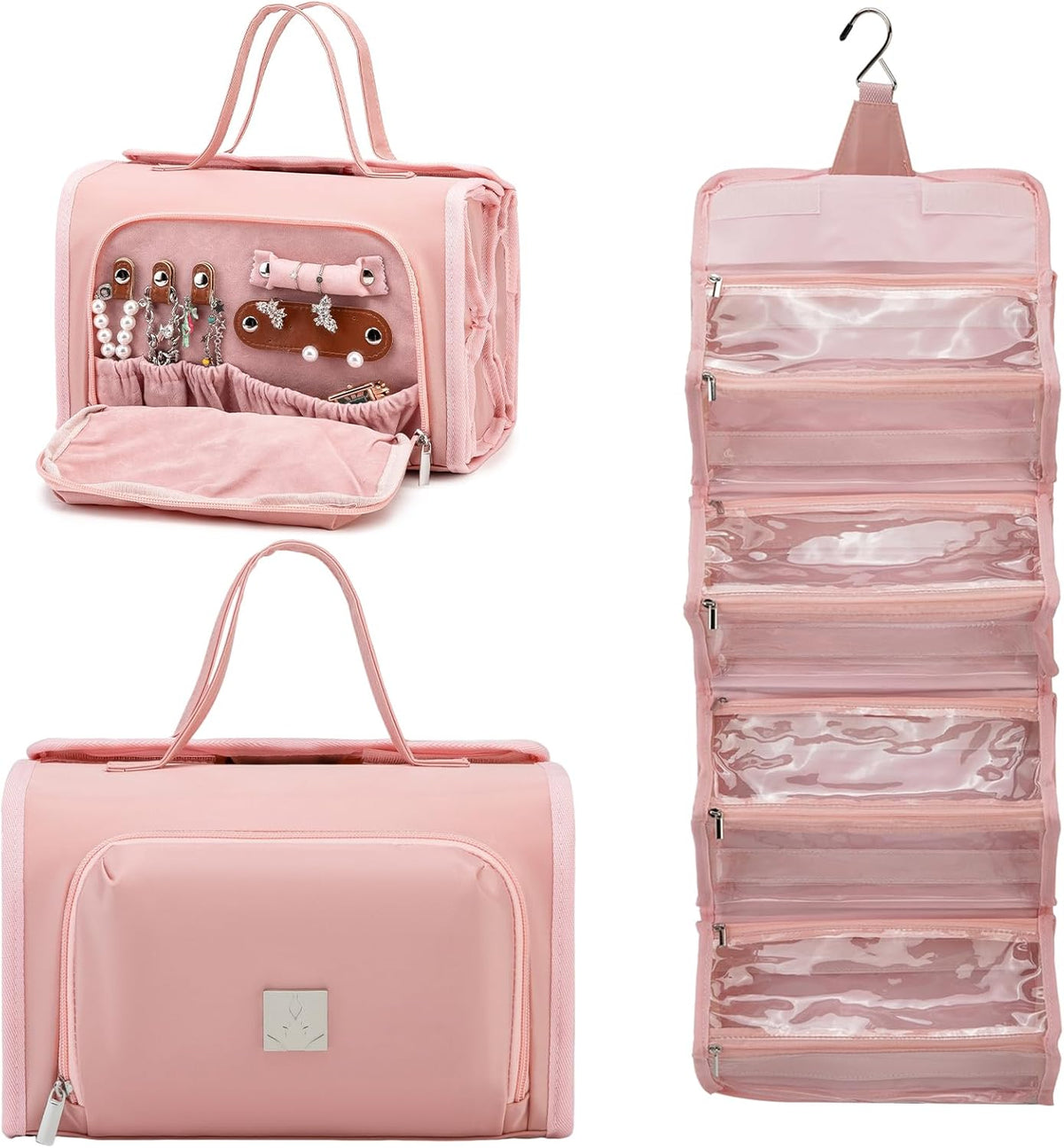 Roll Up Makeup Bag, Travel Toiletry Bag for Women with 4 Clear TSA Approved Pouches, Hanging Travel Organizer, Folding Cosmetic Bag for Men and Women (khaki)