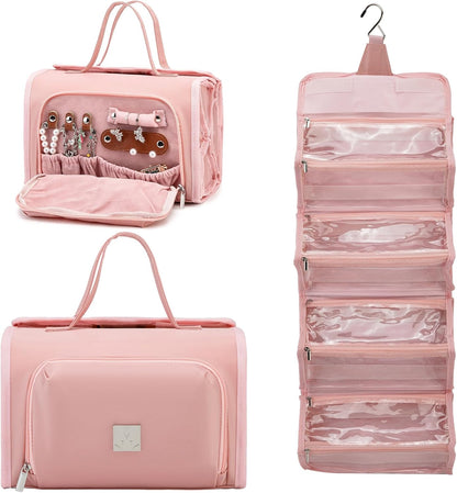 Roll Up Makeup Bag, Travel Toiletry Bag for Women with 4 Clear TSA Approved Pouches, Hanging Travel Organizer, Folding Cosmetic Bag for Men and Women (khaki)