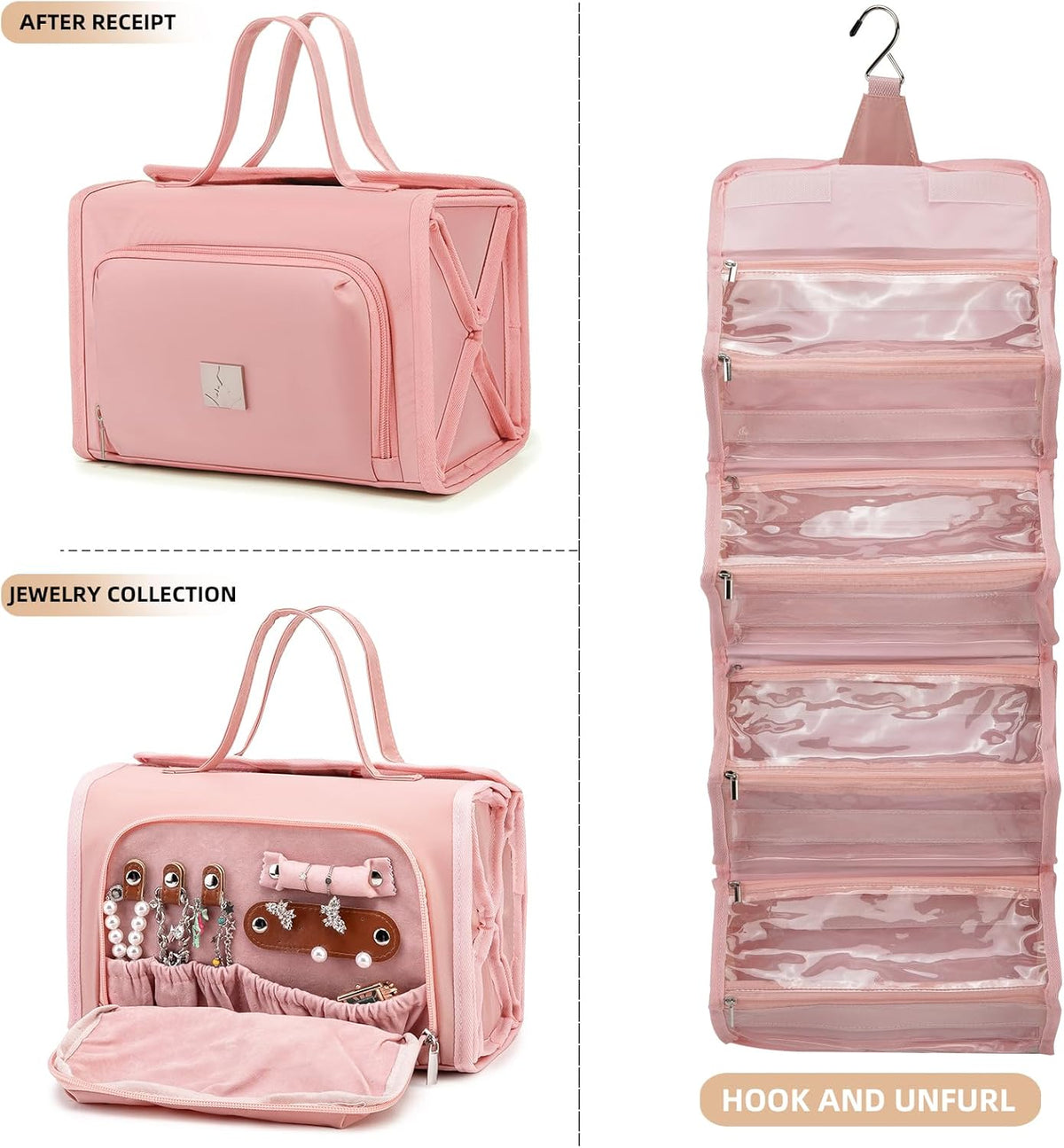 Roll Up Makeup Bag, Travel Toiletry Bag for Women with 4 Clear TSA Approved Pouches, Hanging Travel Organizer, Folding Cosmetic Bag for Men and Women (khaki)