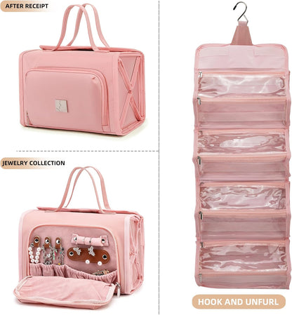 Roll Up Makeup Bag, Travel Toiletry Bag for Women with 4 Clear TSA Approved Pouches, Hanging Travel Organizer, Folding Cosmetic Bag for Men and Women (khaki)